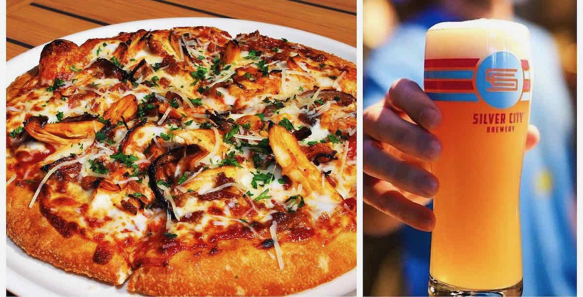 Two close-up photos: One of a pizza and one of a beer in a glass