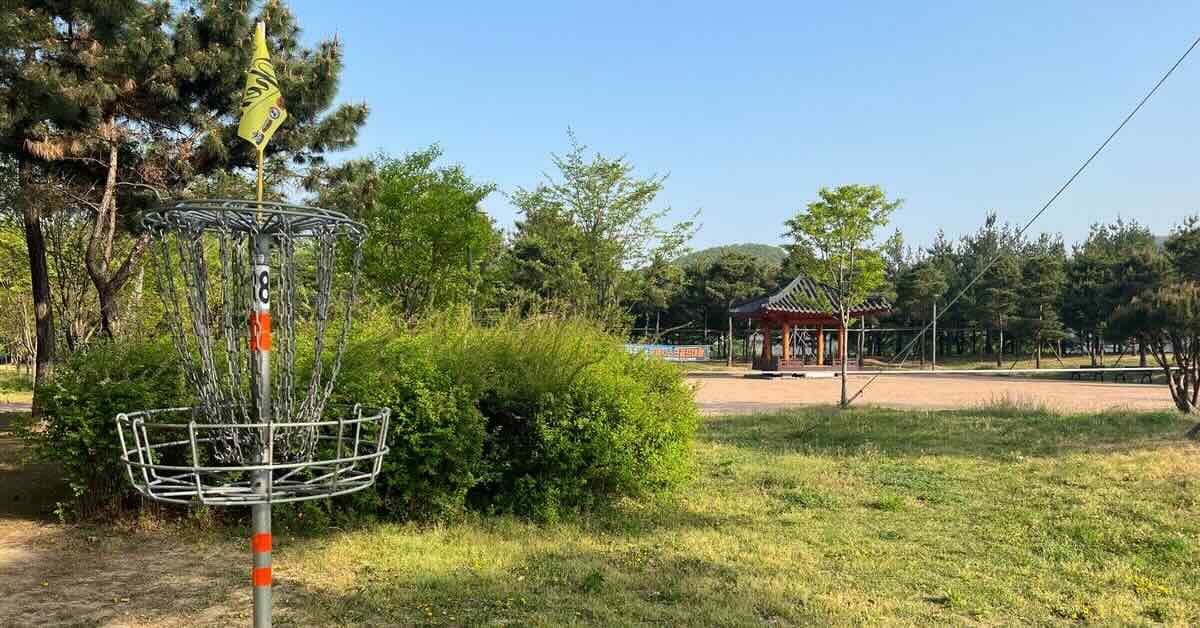 A disc golf basket in a park landscape