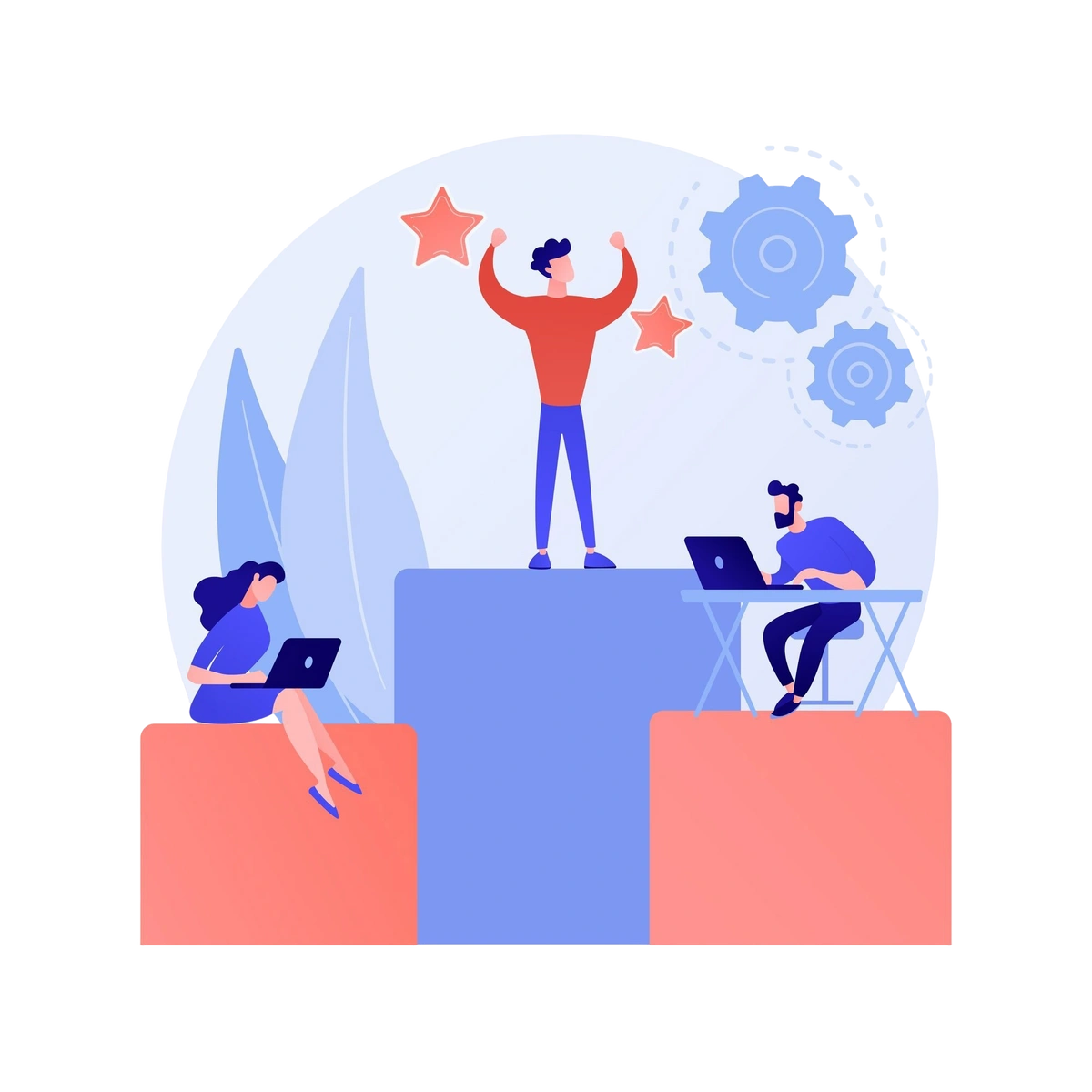 Illustration of team members working on laptops with a leader standing on a podium, symbolizing team success and collaboration.