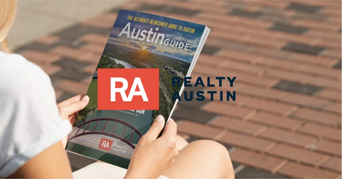 A photograph of of a pair of hands holding a cell phone displaying a 
                        real-estate listing, with the Realty Austin logo superimposed over the top.