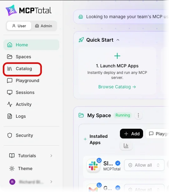 The MCPTotal user home page shows the side bar menu and tiles for a message, quick start, and  spaces. On the menu, the catalog option is highlighted.