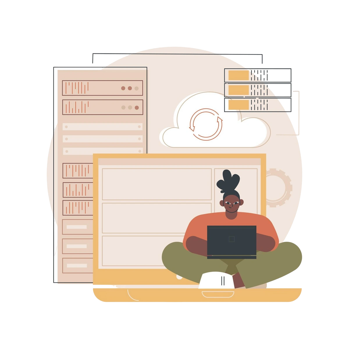 Developer sitting with laptop in front of cloud and server infrastructure.