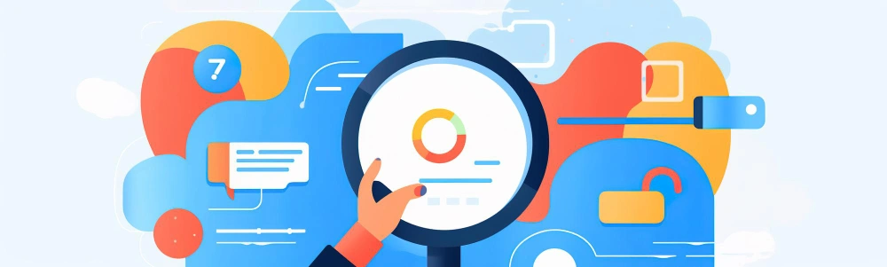A simple, clean graphic of a hand holding a magnifying glass over a dashboard with various data points and security symbols, representing detailed data analysis and security oversight.