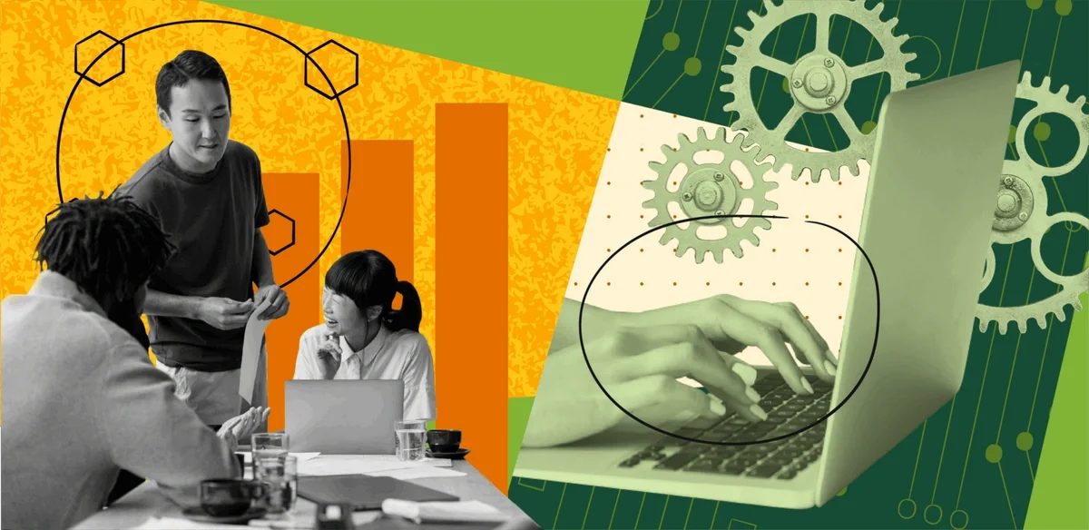 Collage of people in a meeting with laptops and papers, overlaid with bar graphs, gears, and hands typing on a keyboard.