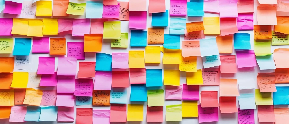 A wall densely covered with colorful sticky notes containing handwritten text, representing brainstorming or project planning.