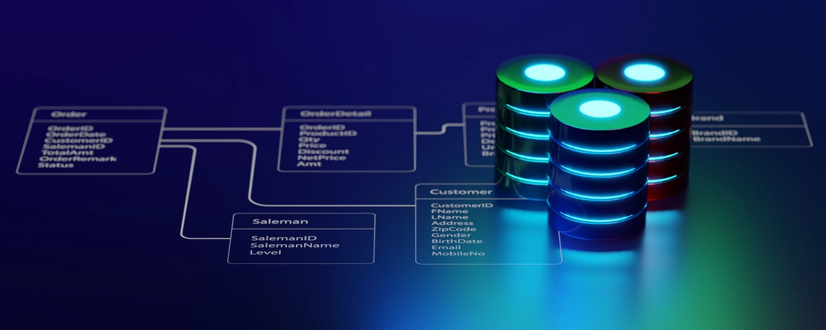 Panoramic view of multiple database is placed on Relational database tables.