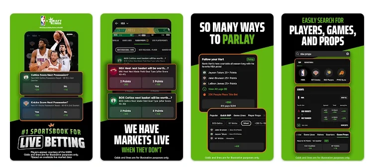 DraftKings arkansas sportsbook app interface showing live betting, Same Game Parlays, player props, and real-time betting markets