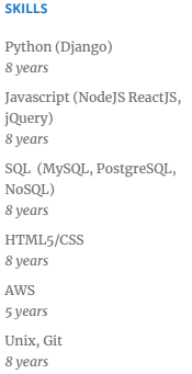 Software engineer resume skills organized by years of experience