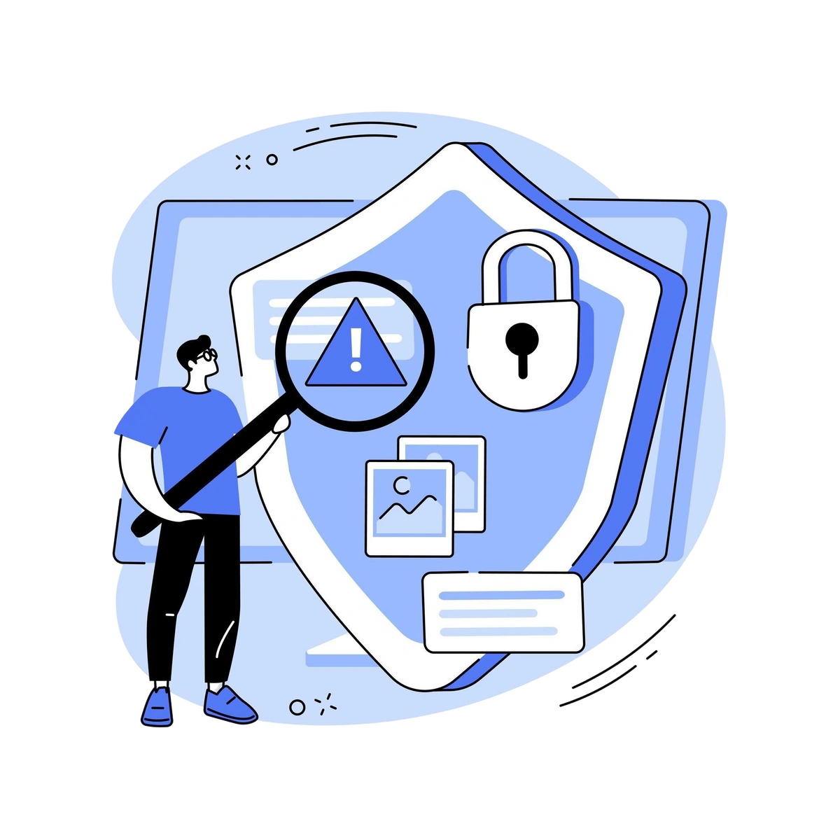 Person analyzing digital security alerts on a shield with a padlock and media icons.