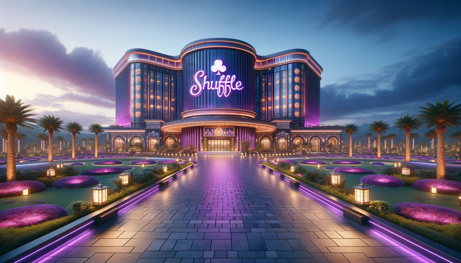 Elegant casino resort landscape at twilight, 'Shuffle' in glowing purple at TrustDice