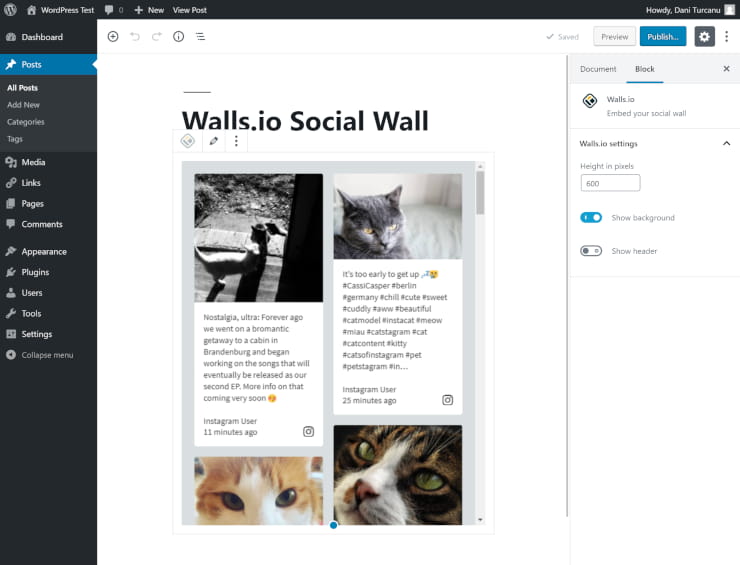 Walls.io social media plugin in WordPress