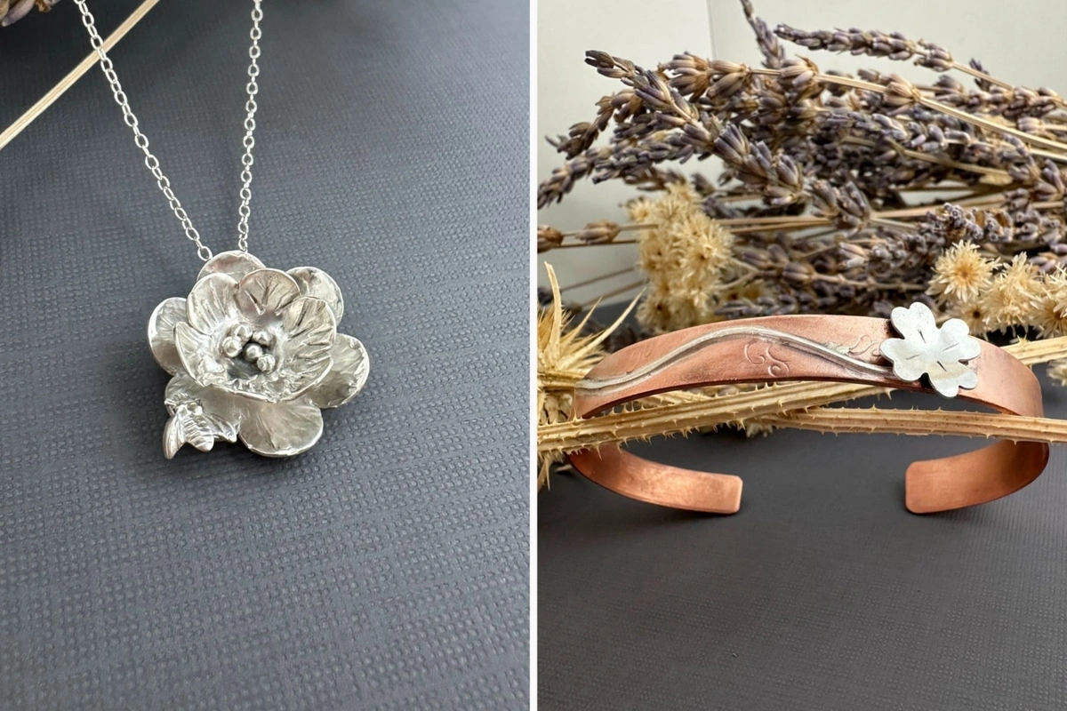 Using solder charms with flower blanks - flower blank pendant with a bee solder charm, copper cuff with a flower blank as a solder charm