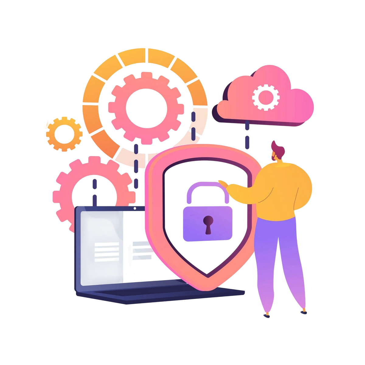 Person standing in front of a laptop, shield, and cloud with gears, symbolizing cloud security and data protection.