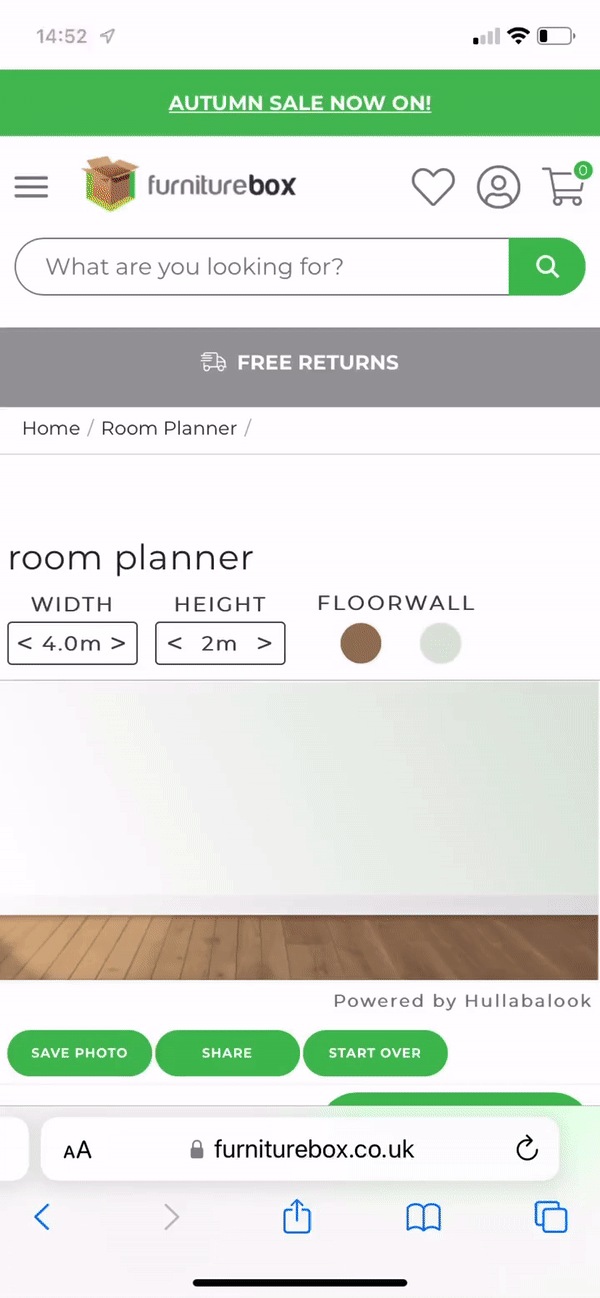 Mobile view of the Room Creator tool on Furniturebox's website