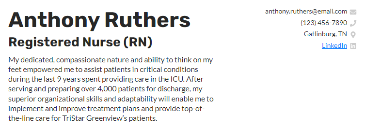 A resume summary for a nurse with 9 years of experience