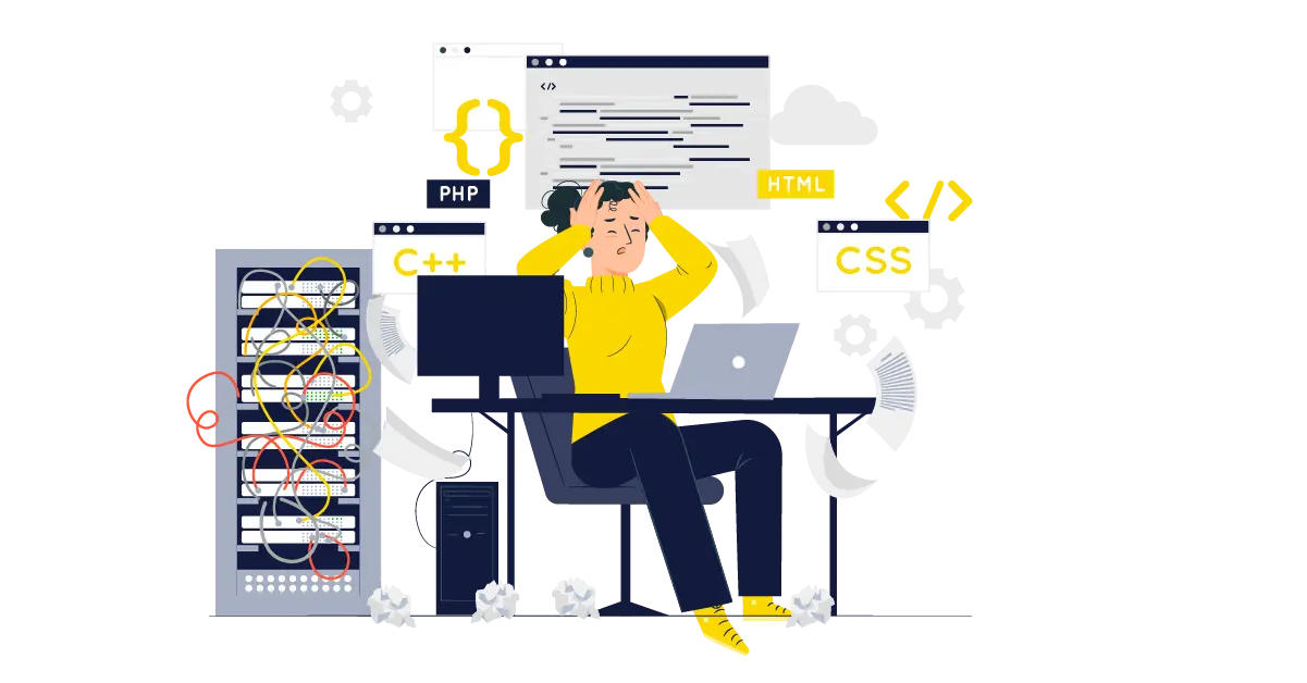 An exasperated developer surrounded by messy servers and code