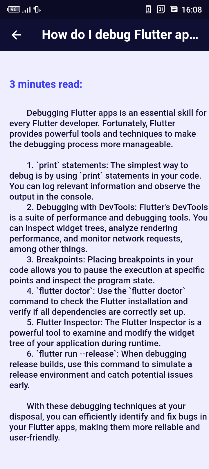 How to debug flutter application article details page