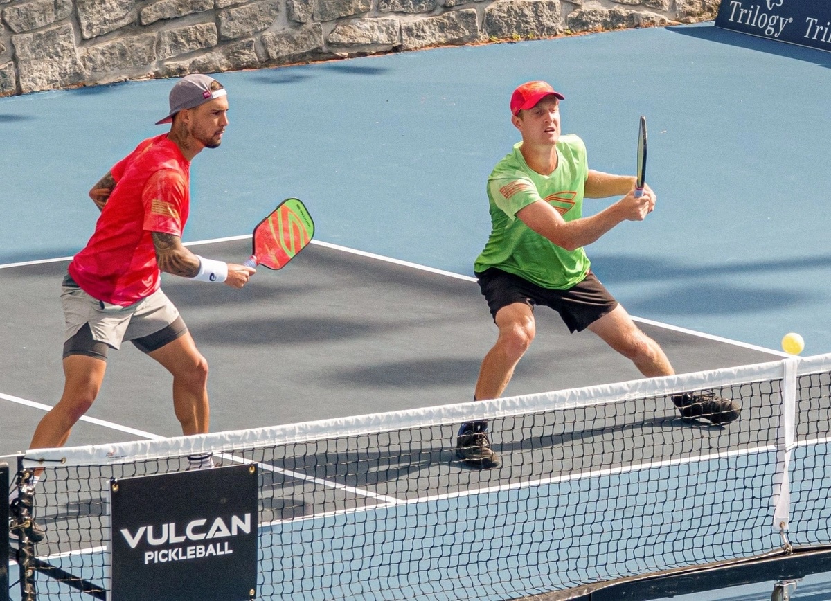 Major League Pickleball players mid-game