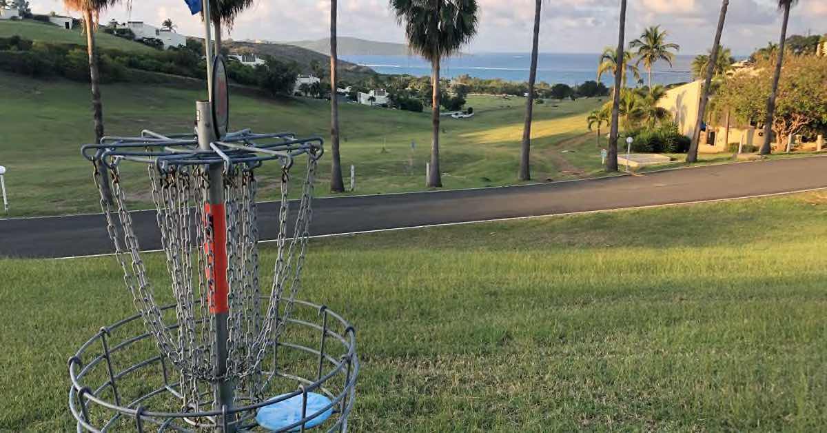 Disc golf basket with view of palm trees and oceans behind