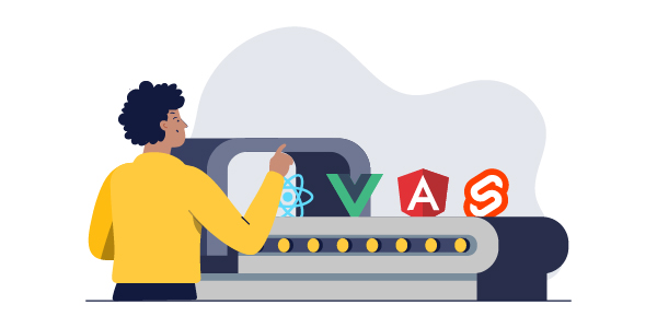 Illustration: A person counting framework logos on a conveyor belt