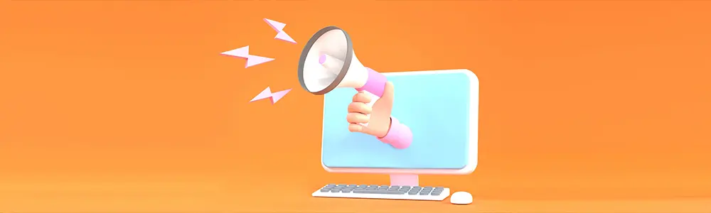 a cartoon hand holding a megaphone pops out of a computer display
