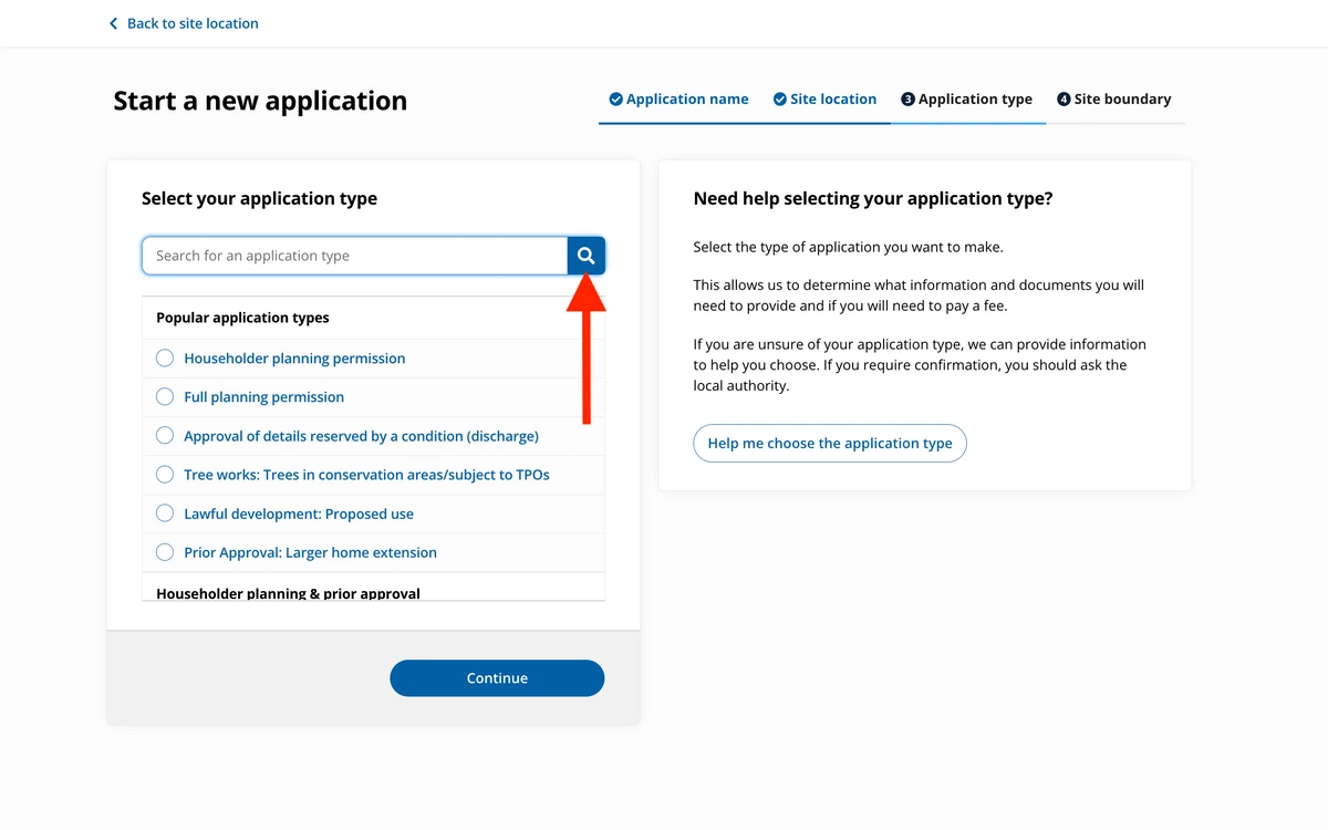 Select the type of application on the planning portal