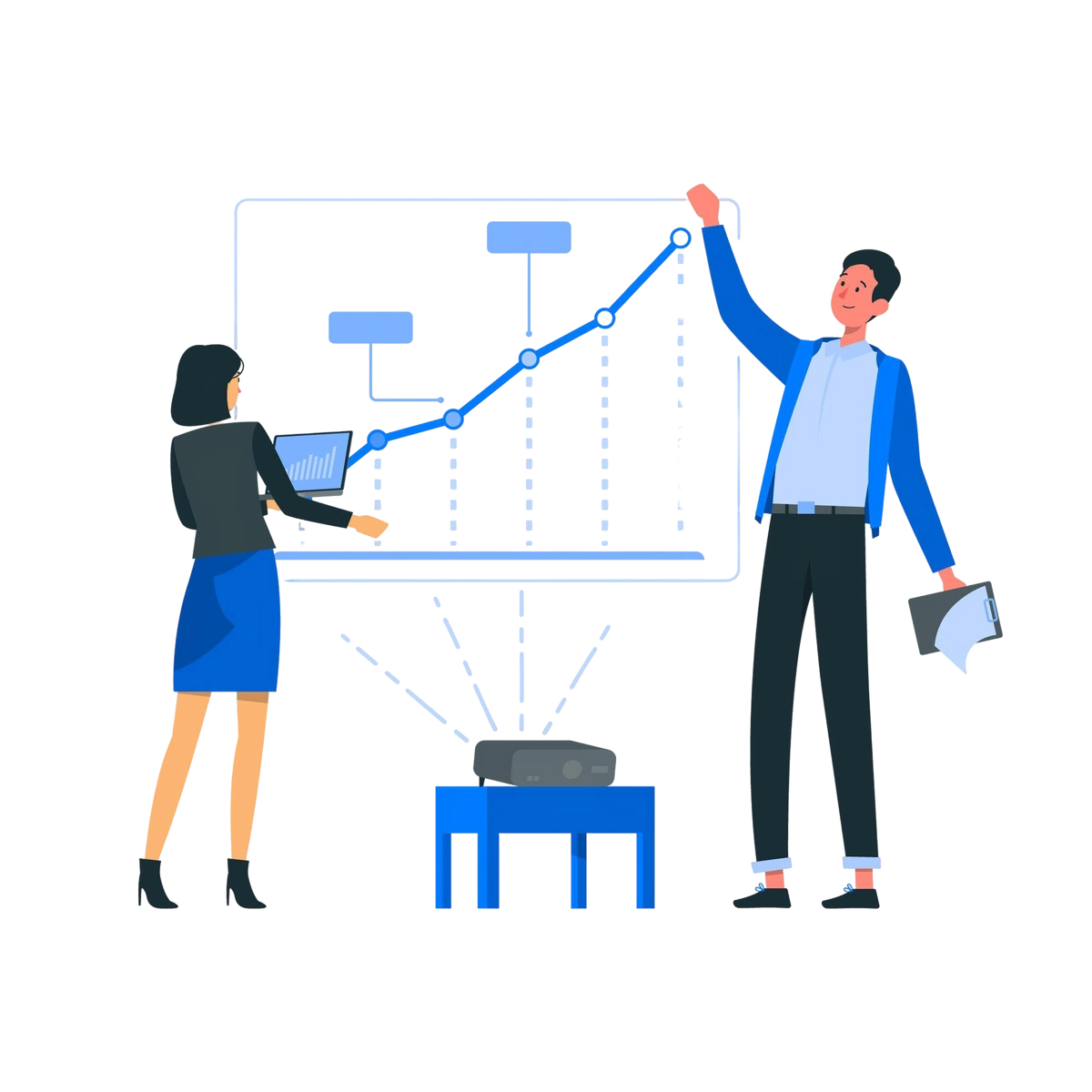 Two professionals presenting growth metrics on a projected analytics dashboard.