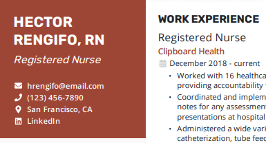 Contact header for a nursing resume