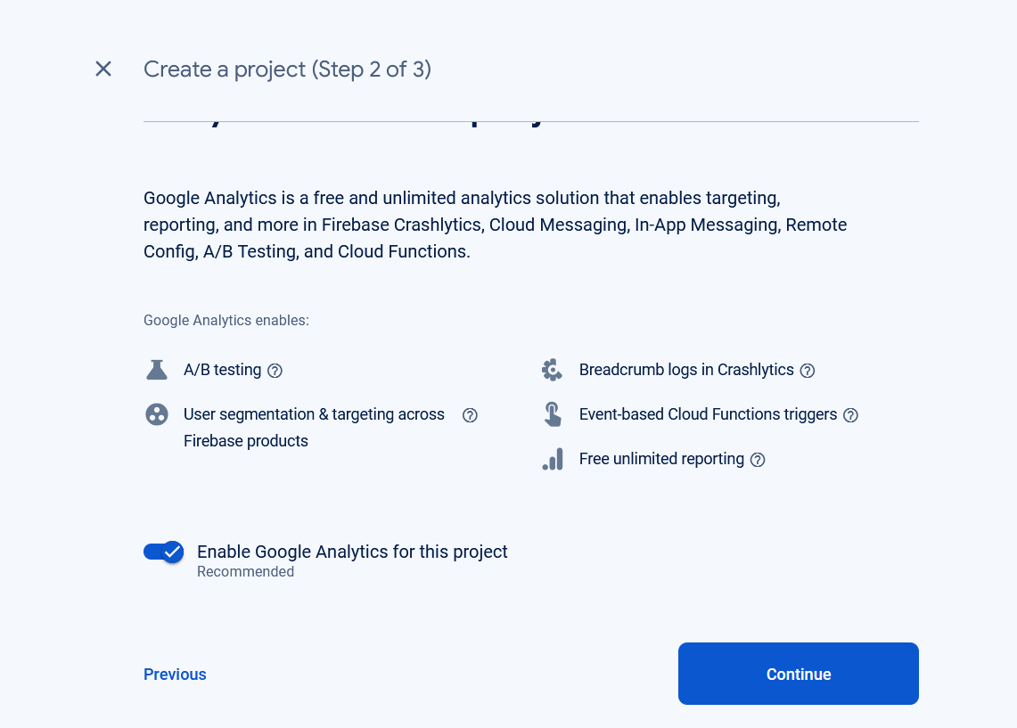 React firebase analytics: Select google analytics for this project.