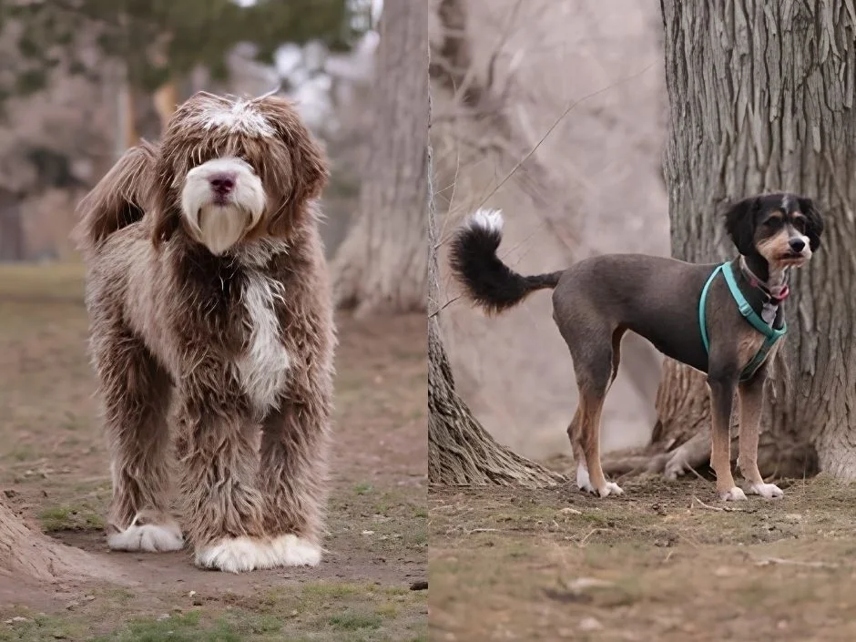 Bernedoodle with full ungroomed coat compared to the same dog after a professional grooming appointment