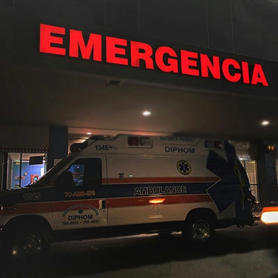 Emergency vehicle outside of a hospital.