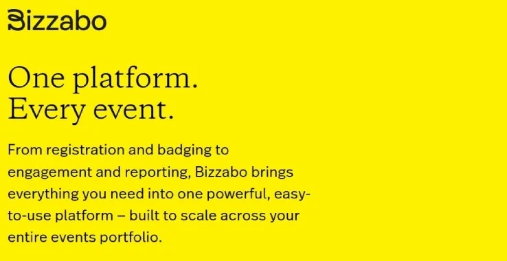 Bizzabo event management platform homepage with yellow background and registration features