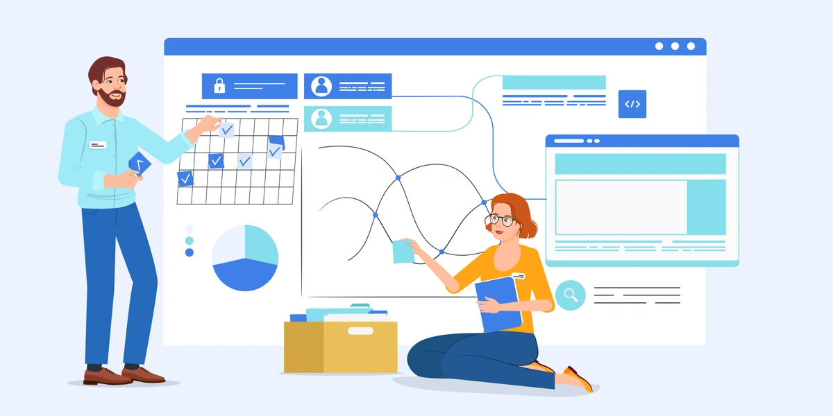 A friendly and educational illustration in a flat style, featuring two individuals, one standing and pointing at a large display of graphs and web elements, and the other seated on the floor with a laptop, suggesting a collaborative working environment or a training session.