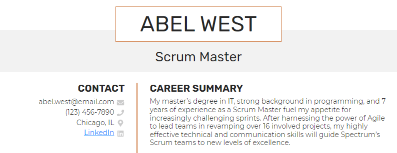 A resume summary for a Scrum Master with 7 years of experience