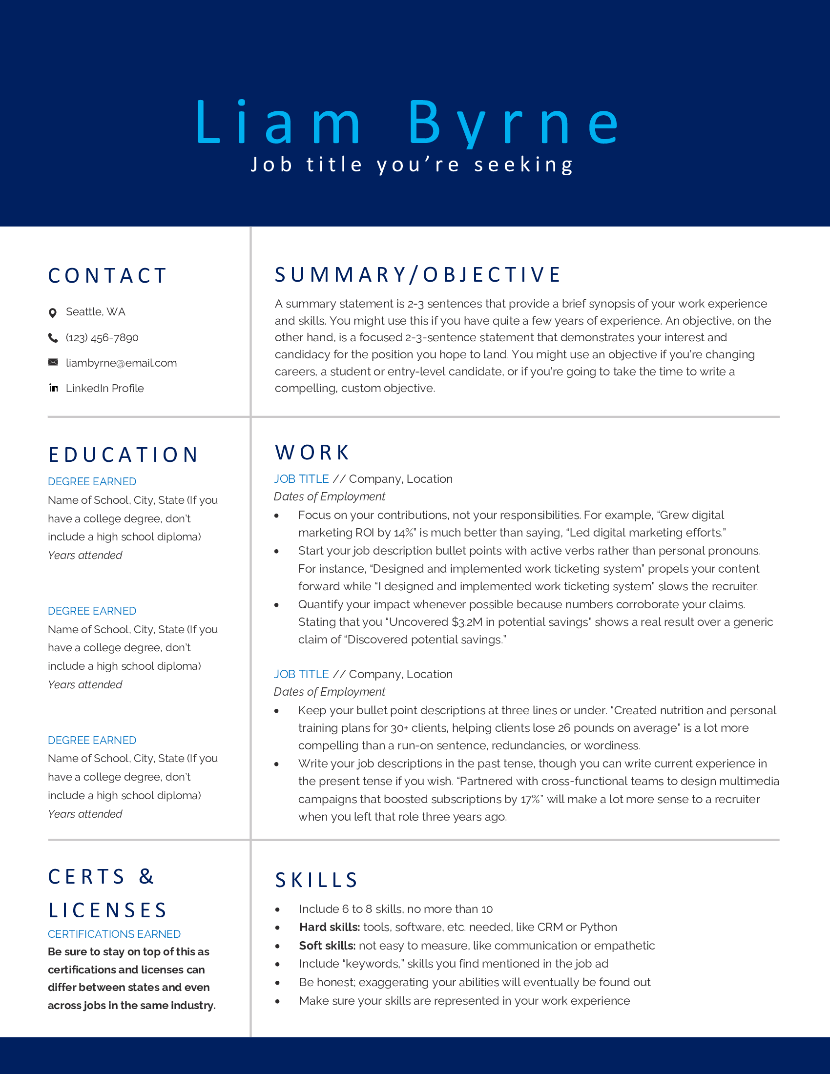Bold blue word resume template