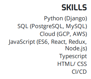 Resume skills example for a software developer