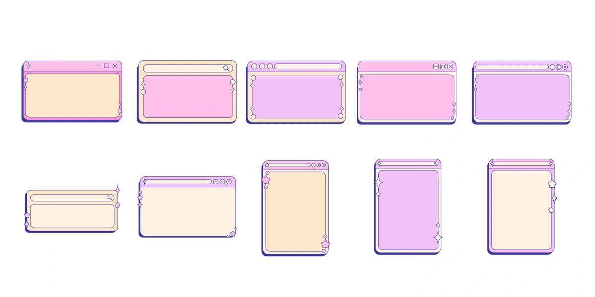 A collection of illustrated browser window templates in various shapes and configurations, tinted in shades of pink and beige, indicative of website or app design layouts.