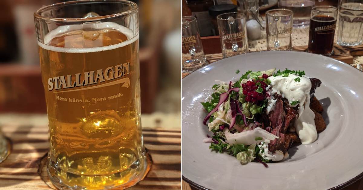 Two photos: One of a small beer stein filled with a gold beer, the other of a plate with a meat dish and sour cream with salad and berries