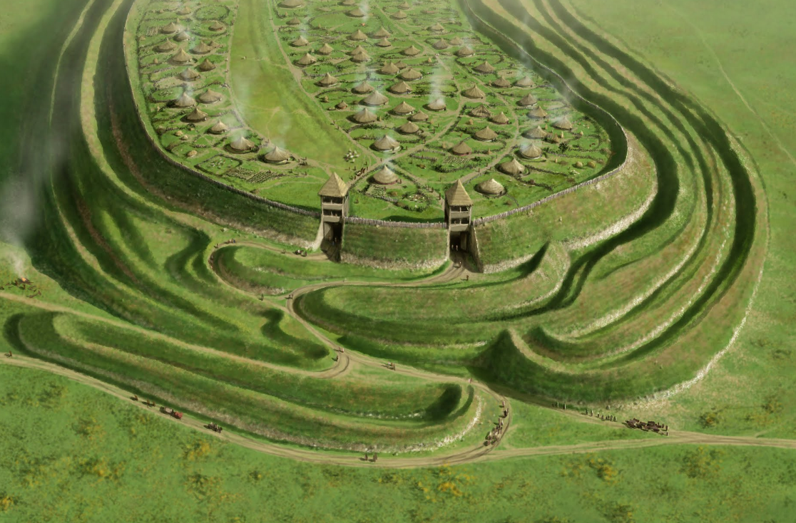 Reconstruction Drawing of Maiden Castle in the Iron Age by Peter Urmston