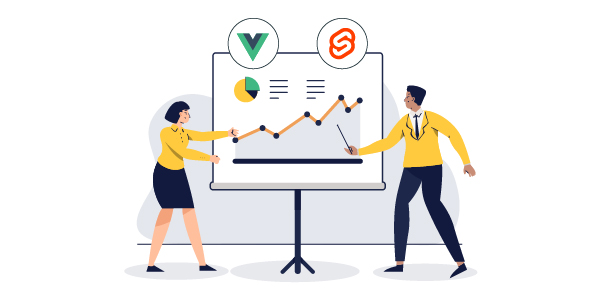 Illustration: Two people presenting a chart comparing Svelte and Vue