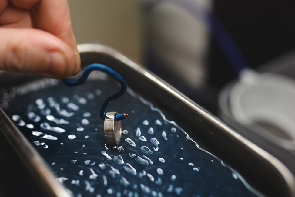 silver ring going into an ultrasonic bath to clean it