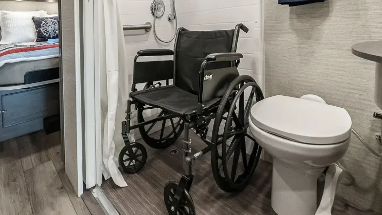 Wheelchair inside bathroom of RV