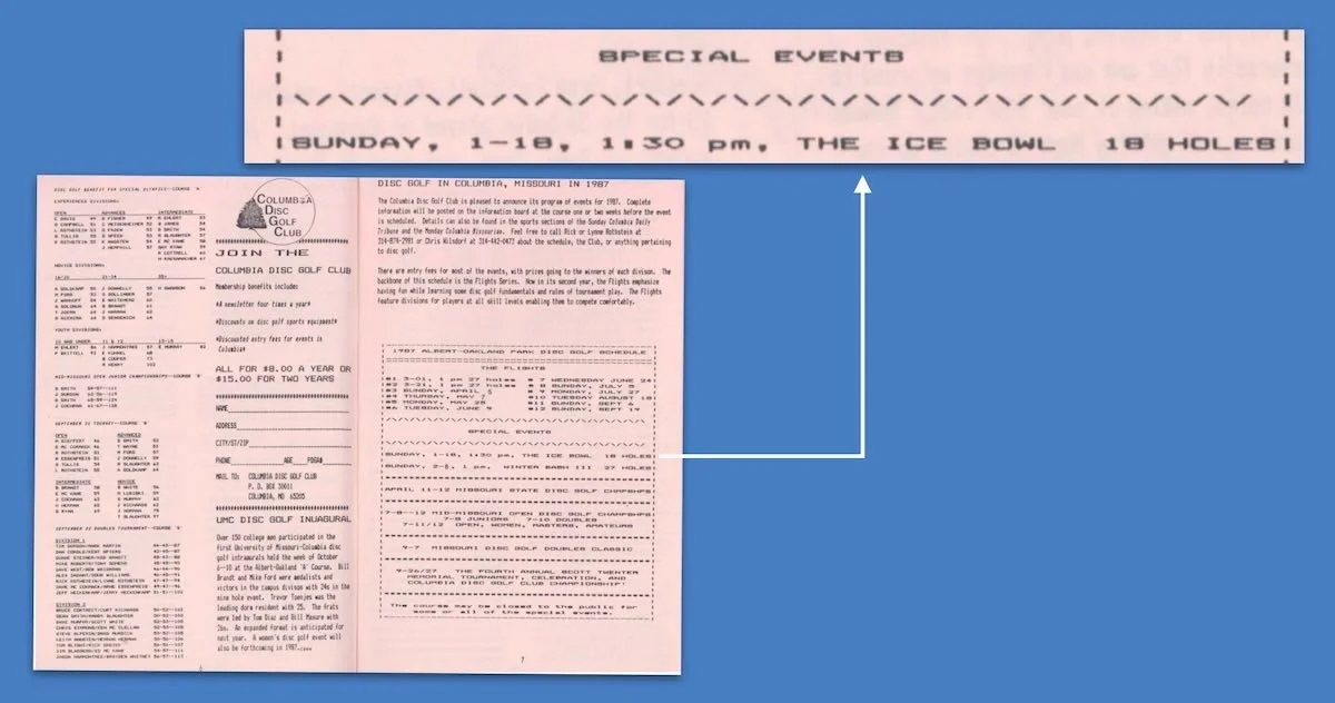 Blue background with an image of two pages of a booklet and another of a section of the booklet's text enlarged showing the date of the first ice bowl in disc golf