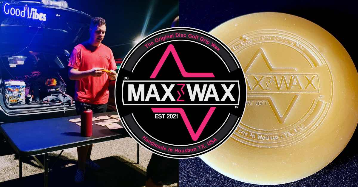 Two photos, one of a man in front of a booth with a neon sign and one of a round wax mini disc. Over both photos is a DG Max Wax business seal in black and pink