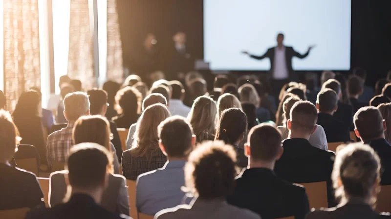 Conference attendees seated in rows watching speaker present on stage