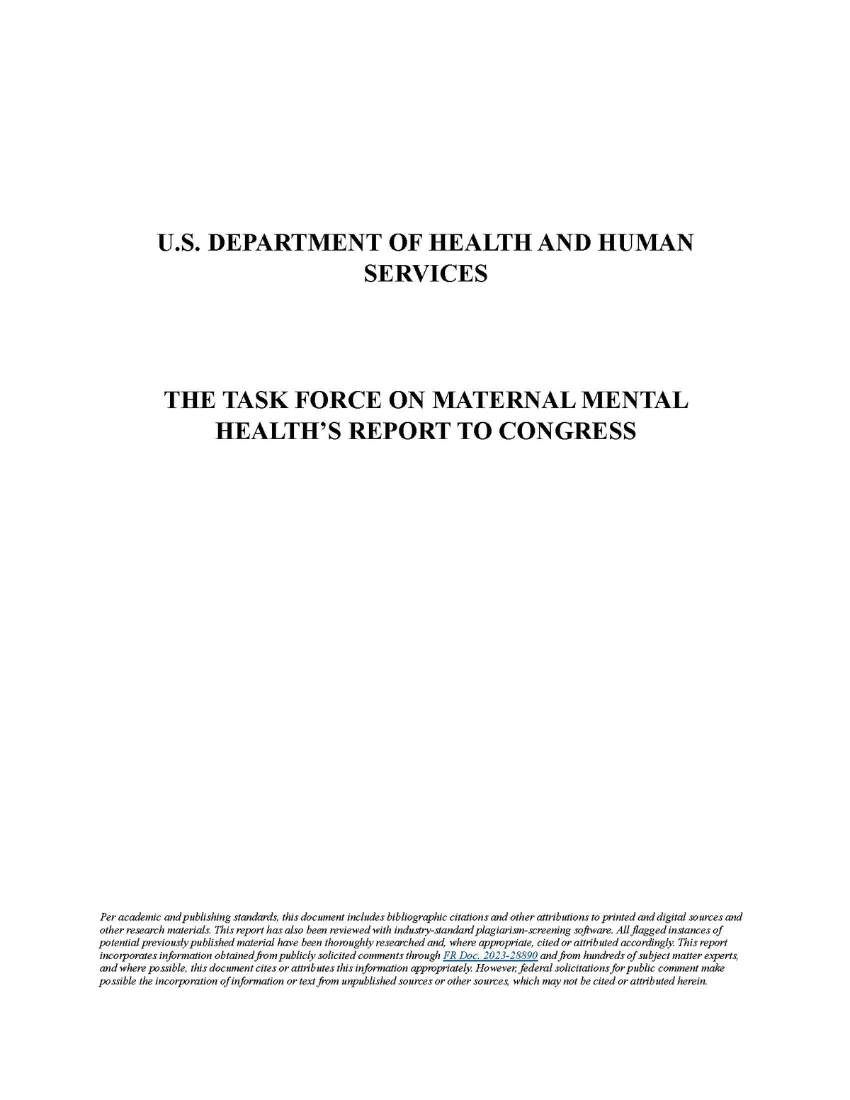 Cover of Task for on Maternal Mental Health Report to Congress