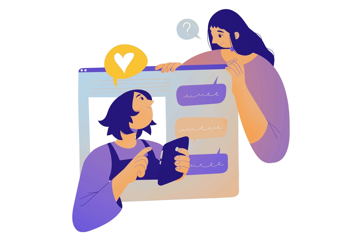 An illustration of a woman in a browser window interacting with another woman outside of the frame.