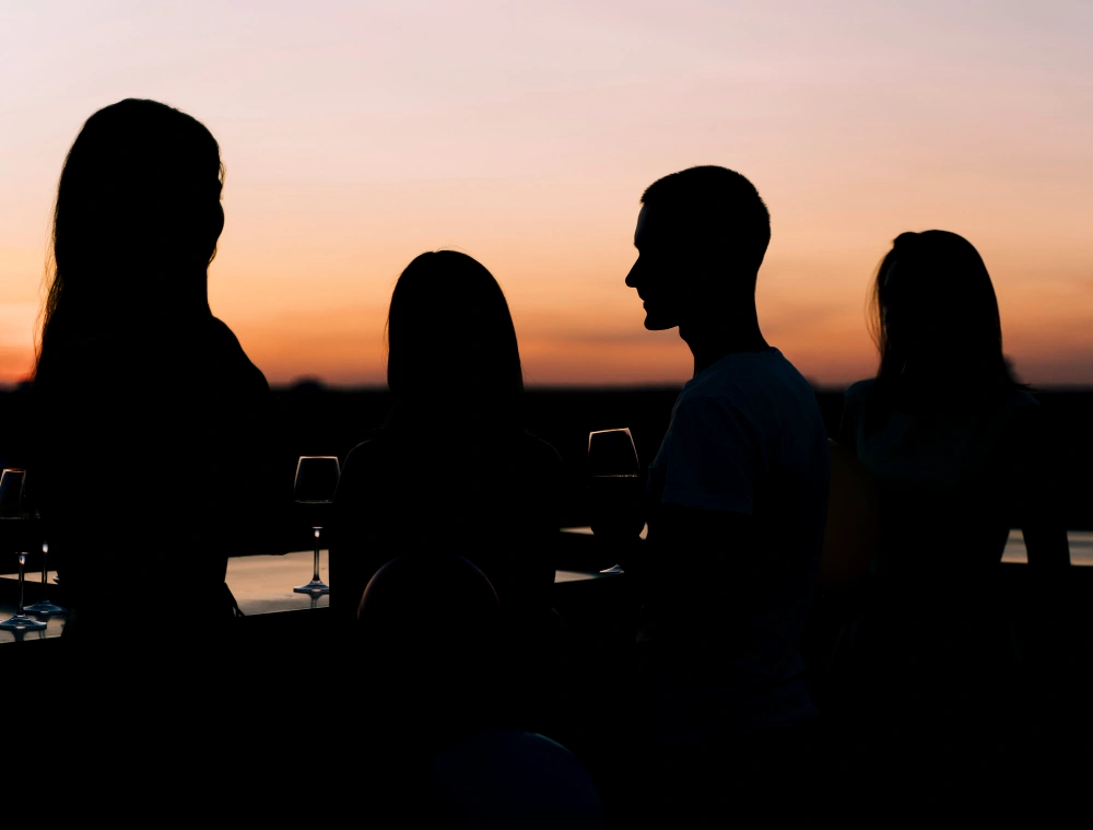 Silhouettes of four people standing outdoors at sunset, with glasses of wine on a nearby surface. The sky is illuminated in warm hues, creating a serene and social atmosphere.