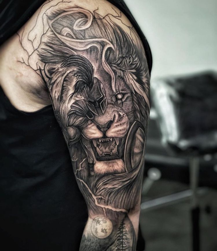 badass lion and warrior tattoo