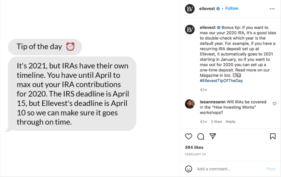 Screenshot of Ellevest's instagram post about IRA contributions